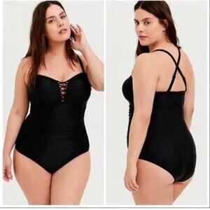 Torrid Wireless Lattice Ruched Black One-Piece Swimsuit